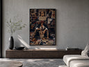 Red-haired pirate man sitting poster framed above a wood console in a concrete-wall living room