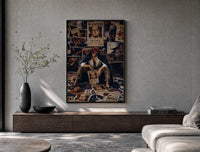 Red-haired pirate man sitting poster framed above a wood console in a concrete-wall living room