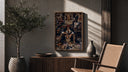 Red-haired pirate man sitting poster framed above a fluted sideboard beside an olive tree