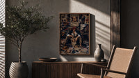 Red-haired pirate man sitting poster framed above a fluted sideboard beside an olive tree