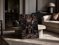 Red-haired pirate man sitting print in a black frame leaning on a travertine table in a sunlit lounge
