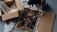 Red-haired pirate man sitting framed print being unpacked from protective bubble wrap and a box