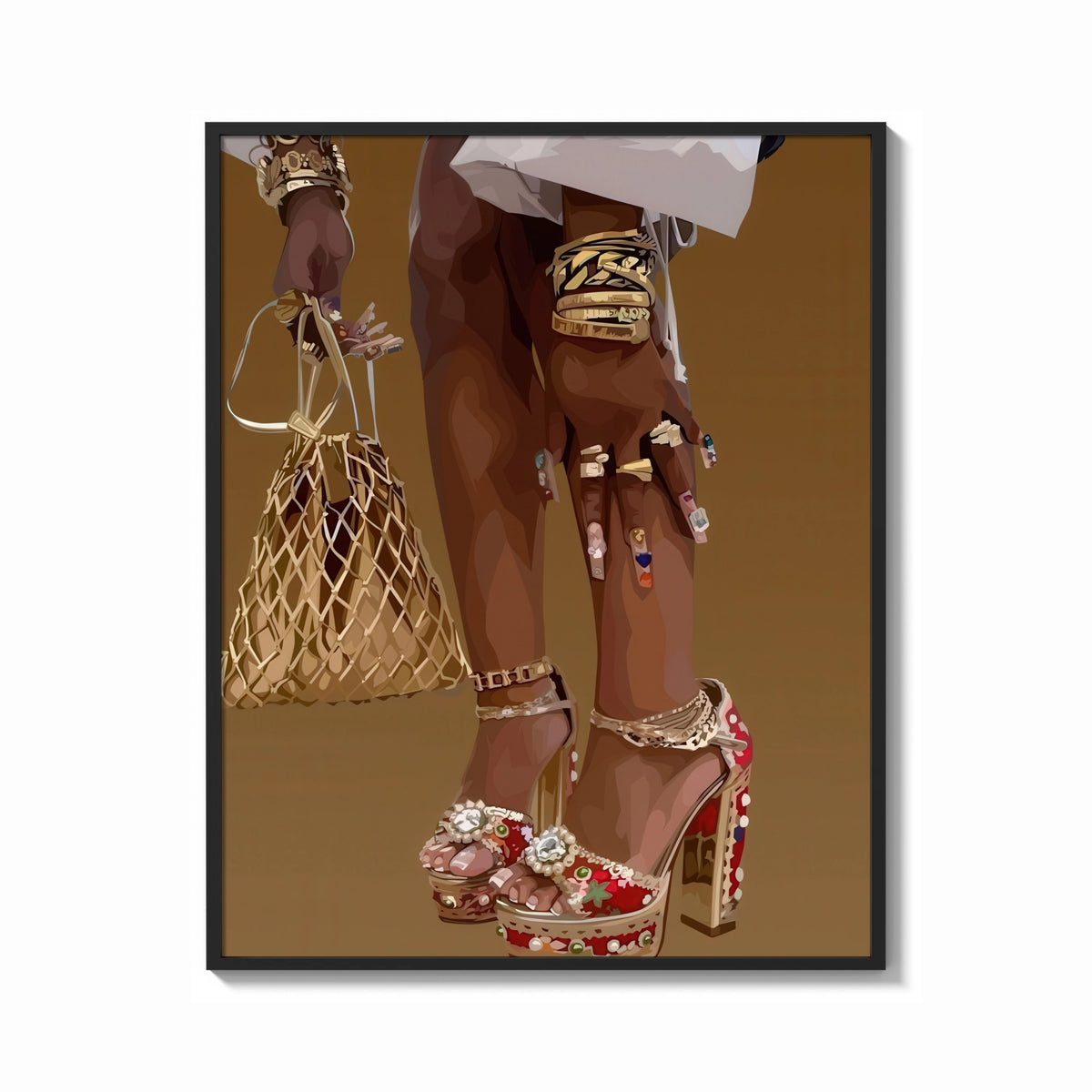 Framed Red Platform Heels and Mesh Bag print shown as a bold statement piece on a clean gallery wall
