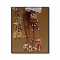 Framed Red Platform Heels and Mesh Bag print shown as a bold statement piece on a clean gallery wall