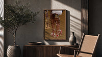 Red Platform Heels and Mesh Bag poster framed above a fluted sideboard beside a potted tree