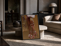 Red Platform Heels and Mesh Bag print on the floor, leaning against a travertine table