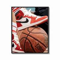 Framed Red Sneakers on a Basketball print shown as a bold statement piece on a clean gallery wall