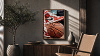 Red Sneakers on a Basketball poster framed above a fluted sideboard beside a potted tree