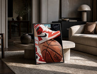Red Sneakers on a Basketball print on the floor, leaning against a travertine table