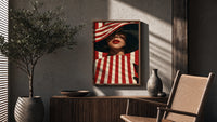 Red Stripes and a Wide Hat poster framed above a fluted sideboard beside a potted tree