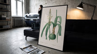 Botanical illustration of flowering bulb plant print in a slim black frame leaning on a dark sofa in a concrete print studio