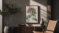Pink wild roses botanical study poster framed above a fluted sideboard beside an olive tree