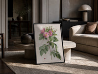 Pink wild roses botanical study print in a black frame leaning on a travertine table in a sunlit lounge