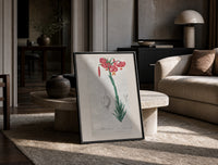 Botanical illustration of pink lily print in a black frame leaning on a travertine table in a sunlit lounge