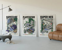 Retro video game console triptych three-panel set displayed beside a brown leather sofa