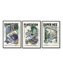 Retro video game console triptych three-panel set arranged as a triptych on a bright gallery wall