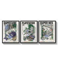 Retro video game console triptych three-panel set arranged as a triptych on a bright gallery wall