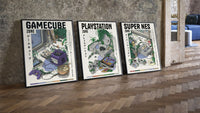 Retro video game console triptych three-piece set leaning on parquet beside a vintage loft door
