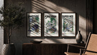 Retro video game console triptych triptych in three walnut frames above a sideboard in a warm room