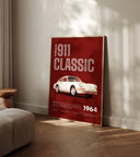Retro Porsche 911 Classic 1964 car poster leaning against wall in modern home decor setting