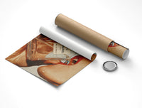 Rolled Luxury Fragrance Portrait print partially unrolled beside cardboard shipping tube and cap on white background