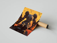 Rolled poster of a seated KAWS figure against a golden LV monogram backdrop beside a cardboard shipping tube