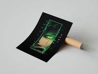 Zoro green eye One Piece print with glowing emerald accent resting beside a shipping tube