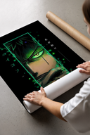 Woman unboxing framed Roronoa Zoro Green Eye One Piece anime wall art from cardboard packaging