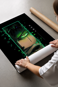 Woman unboxing a framed Zoro green eye anime wall art piece from cardboard packaging
