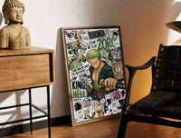 Brass-framed Roronoa Zoro swordsman with katana print leaning in a warm styled corner by a sculpture