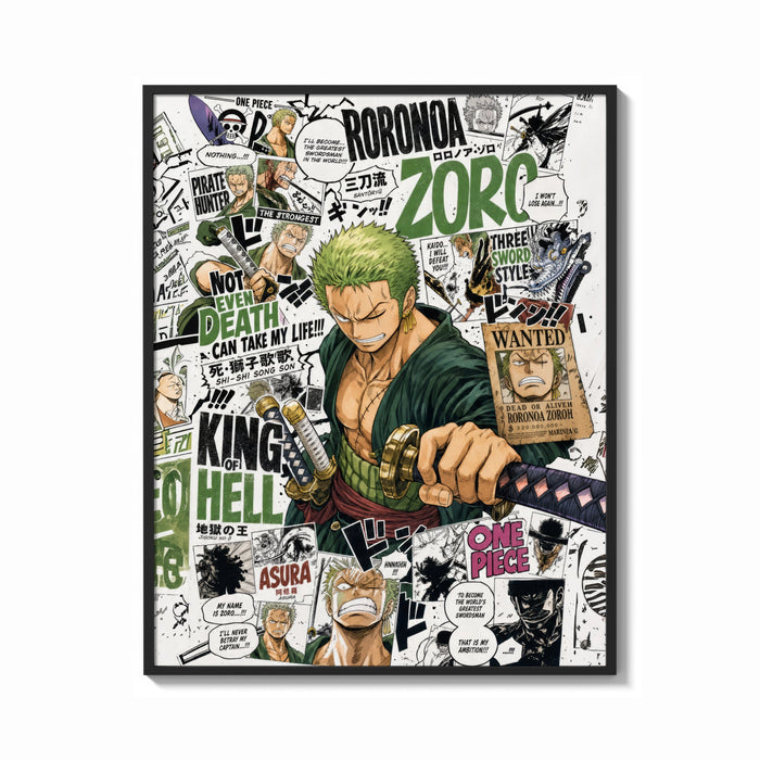 Framed Roronoa Zoro swordsman with katana print shown as a bold statement piece on a clean gallery wall