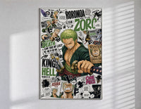 Roronoa Zoro swordsman with katana poster in a slim frame on a bright wall with soft window light