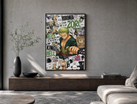 Roronoa Zoro swordsman with katana poster framed above a wood console in a concrete-wall living room