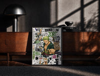 Black-framed Roronoa Zoro swordsman with katana print on a moody console with designer coffee-table books