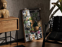 Walnut-framed Roronoa Zoro swordsman with katana print leaning against a sunlit rustic brick wall