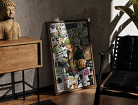 Walnut-framed Roronoa Zoro swordsman with katana print leaning against a sunlit rustic brick wall