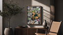 Roronoa Zoro swordsman with katana poster framed above a fluted sideboard beside an olive tree