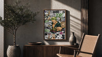 Roronoa Zoro swordsman with katana poster framed above a fluted sideboard beside an olive tree