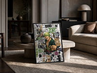 Roronoa Zoro swordsman with katana print in a black frame leaning on a travertine table in a sunlit lounge