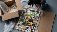 Roronoa Zoro swordsman with katana framed print being unpacked from protective bubble wrap and a box