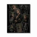Framed Roronoa Zoro swordsman collage print shown as a bold statement piece on a clean gallery wall