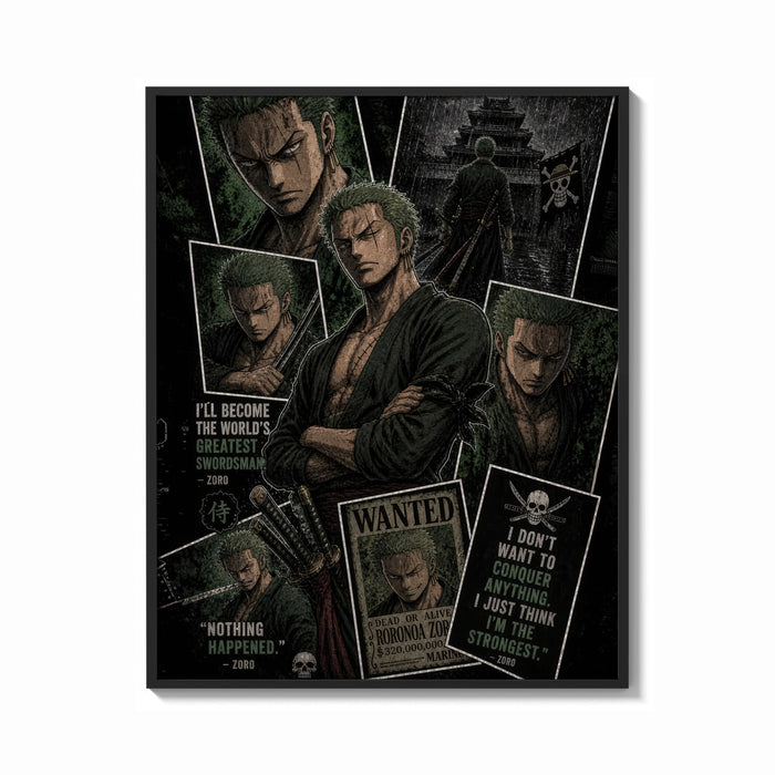Framed Roronoa Zoro swordsman collage print shown as a bold statement piece on a clean gallery wall
