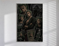 Roronoa Zoro swordsman collage poster in a slim frame on a bright wall with soft window light
