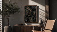 Roronoa Zoro swordsman collage poster framed above a fluted sideboard beside an olive tree