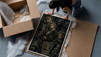 Roronoa Zoro swordsman collage framed print being unpacked from protective bubble wrap and a box