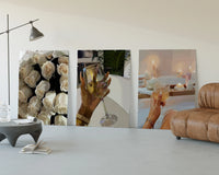 Roses, Wine and Candlelit Bath Set of 3 displayed beside a brown leather sofa