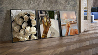 Roses, Wine and Candlelit Bath Set of 3 leaning on parquet beside a vintage loft door