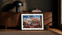 Bank of England and Royal Exchange print in a black frame leaning against a walnut console in lamplight