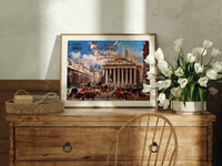 Bank of England and Royal Exchange print in an oak frame on a farmhouse dresser beside white tulips