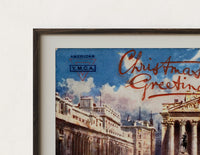 Close-up of the Bank of England and Royal Exchange print's dark wood frame corner and archival matte paper
